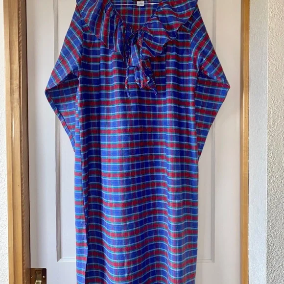 Eddie Bauer Womens L Ruffle Neck 3/4 length Nightgown Red Blue PLAID 90s USA - Picture 7 of 14